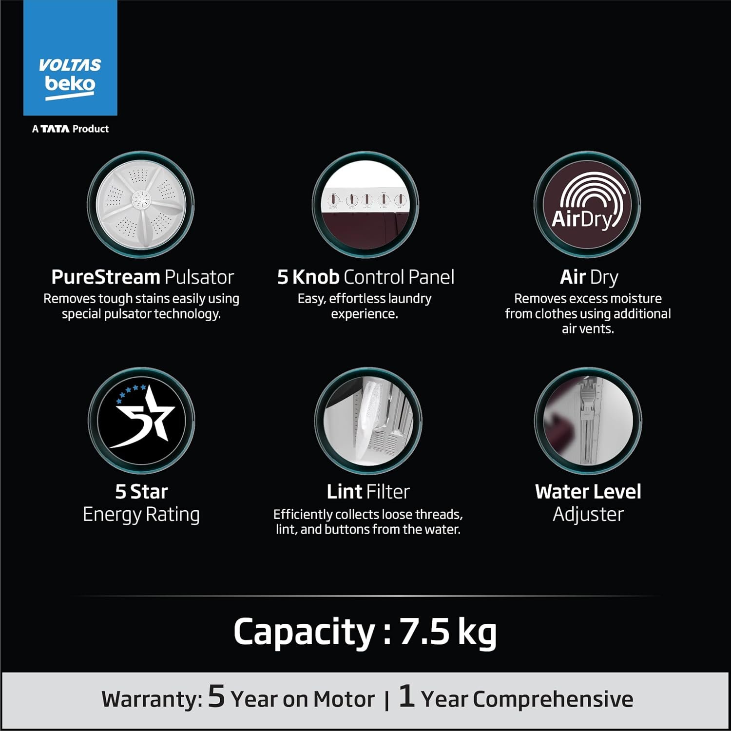 Voltas Beko 7.5 Kg SATT GRSSWH4PTRO Gr
