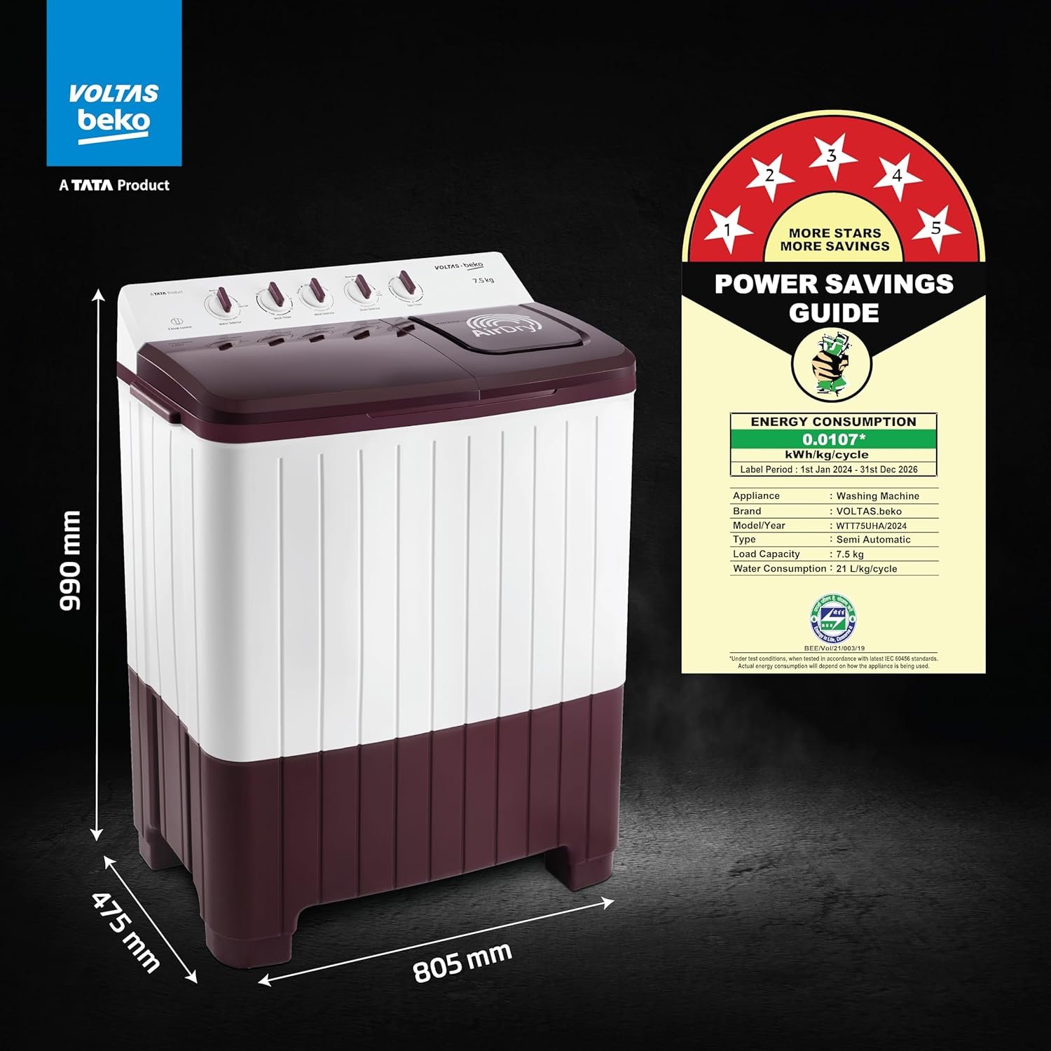 Voltas Beko 7.5 Kg SATT GRSSWH4PTRO Gr